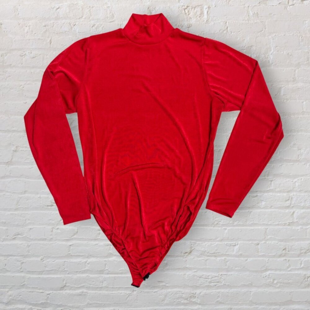 REBDOLLS Red Ribbed Bodysuit Fitted Mock Neck Shimmer 5X